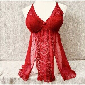 Secret Treasures Red Chiffon Lace Babydoll dress Sz M polka dots floral push up